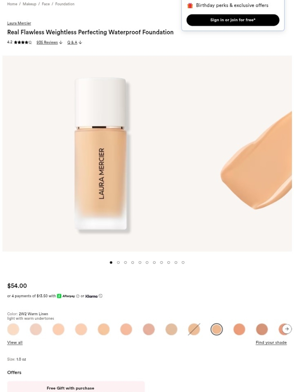 Laura Mercier Real Flawless Weightless Perfecting Foundation 2W2 Warm Linen